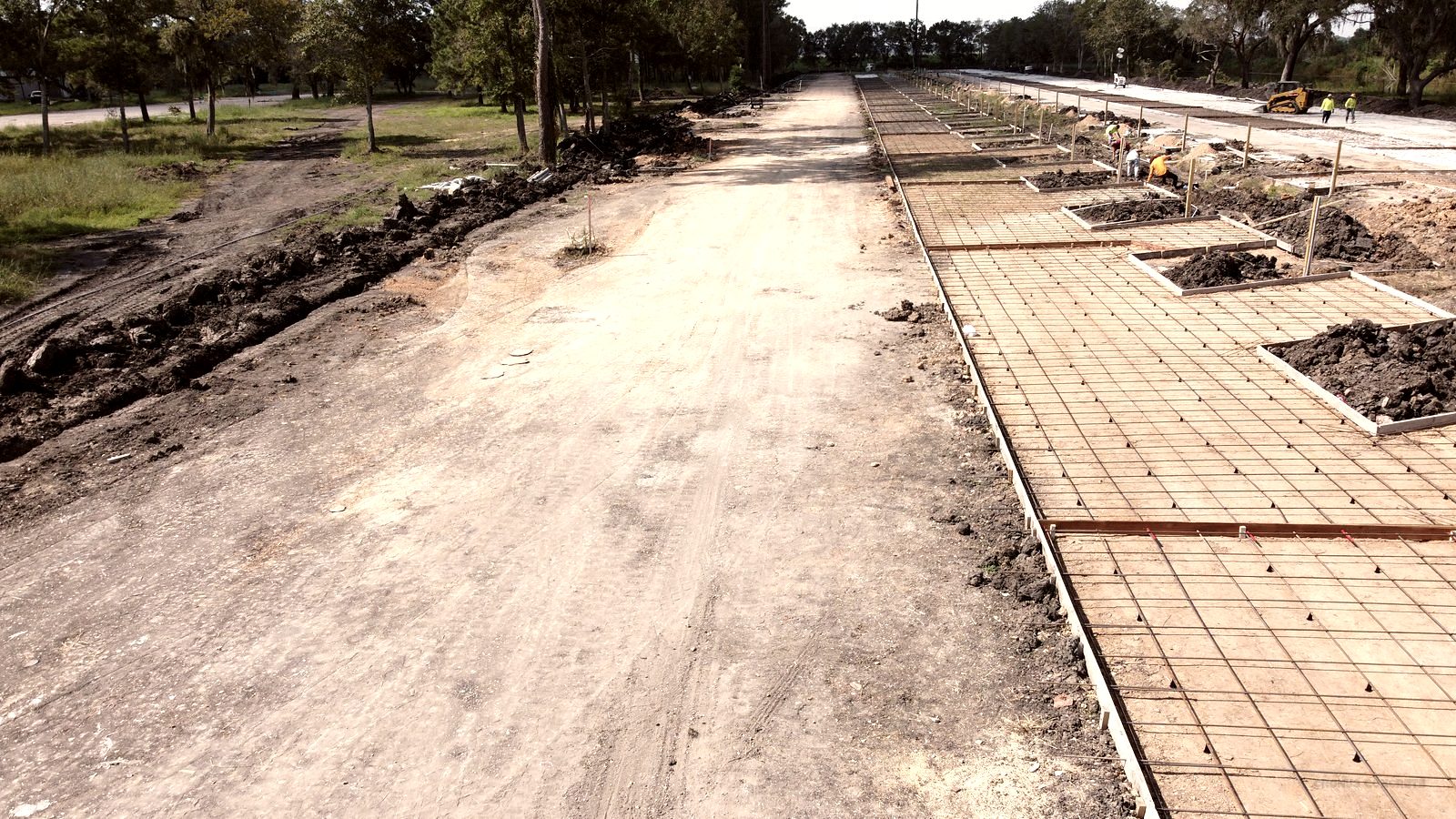 Aerial of road construction with rebar grid